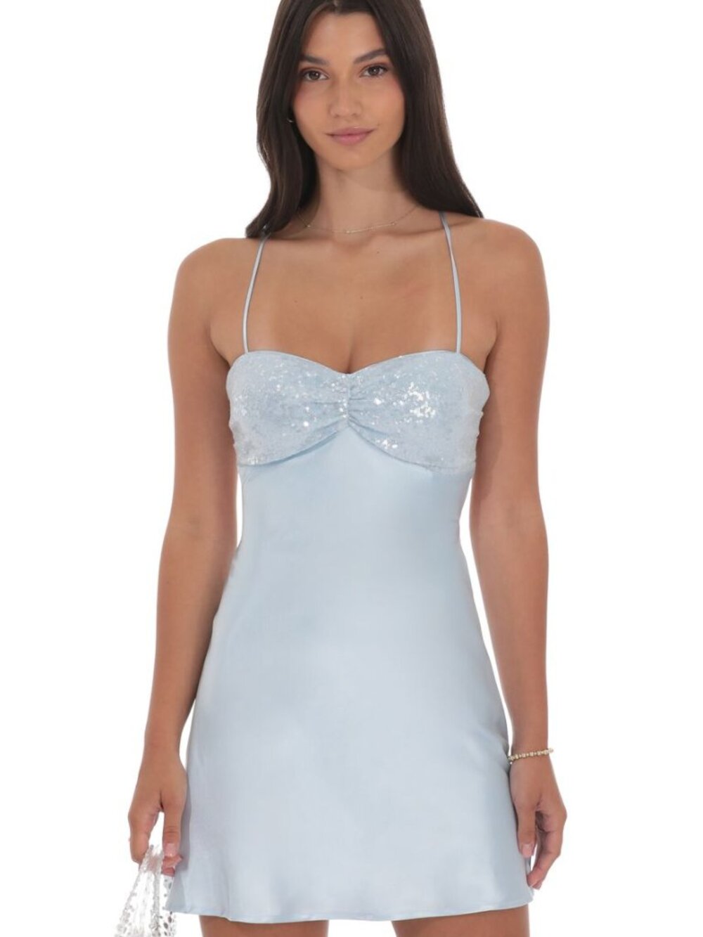 NWT Lucy in the Sky Satin Sequin Bust Dress in Light Blue